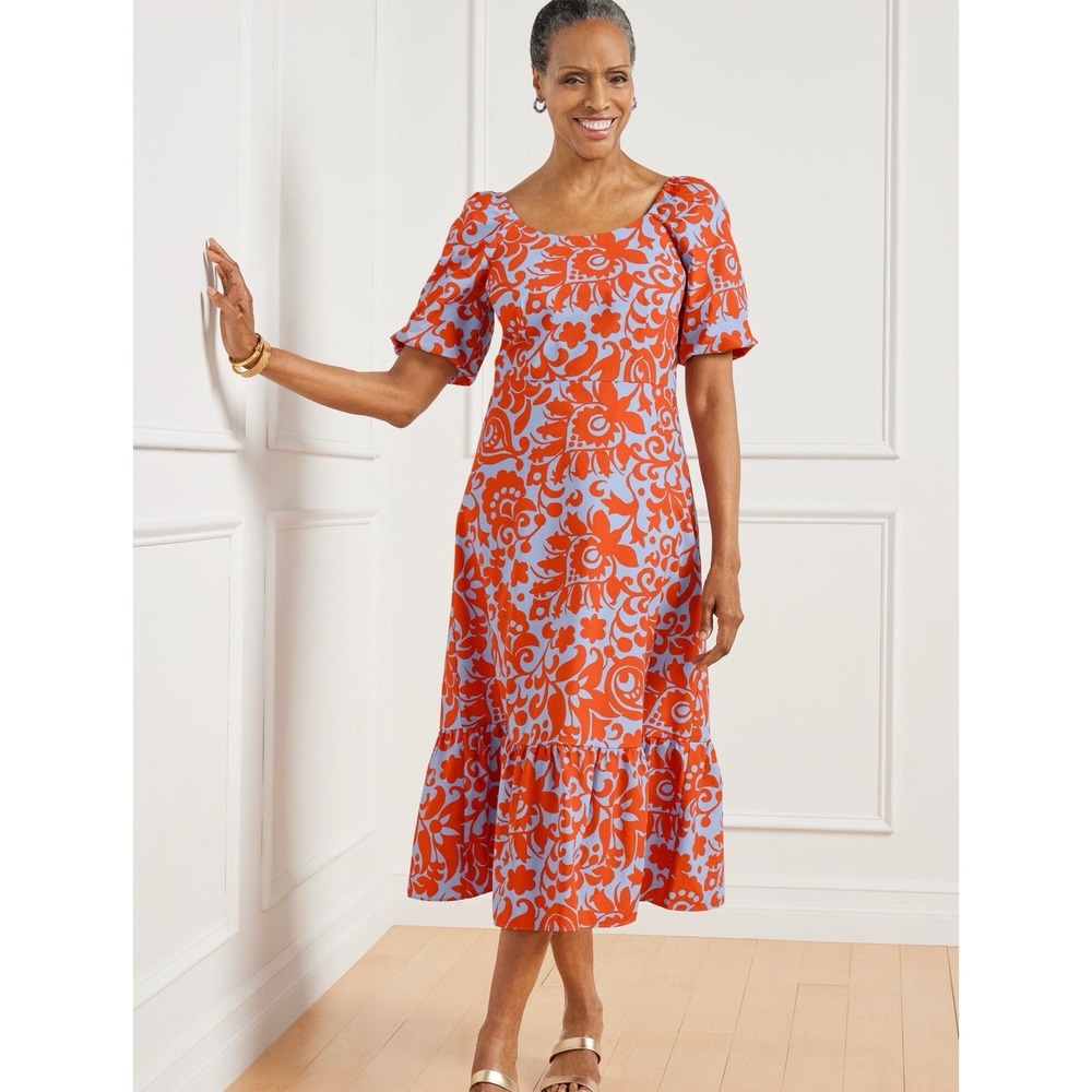 Talbots Midi Dress 14 Jacobean Poplin Puff Sleeve Ruffled Hem Cotton SOLD OUT